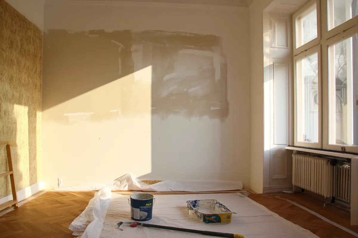 bauenX-Innenausbau-Vorbereitung: Altbau-Raum mit Abdeckfolie und Material vor Heizungstausch